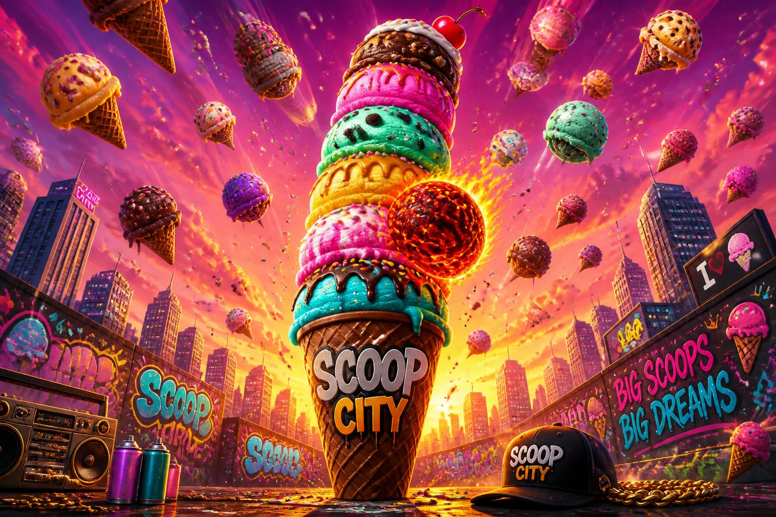 A giant tower of ice cream scoops balanced on a chocolate cone over a graffiti city skyline